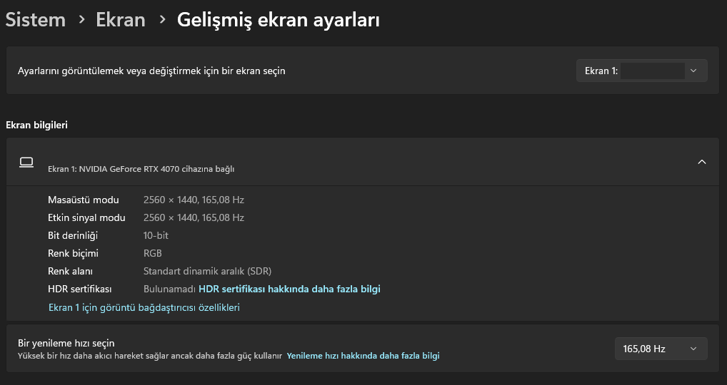 gelişmiş ekran ayarları